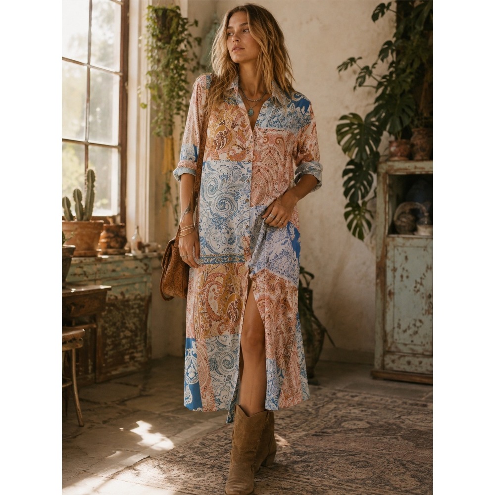 Maeve Anthropologie The Soren Patchwork Paisley Button Down Midi Shirt Dress XL